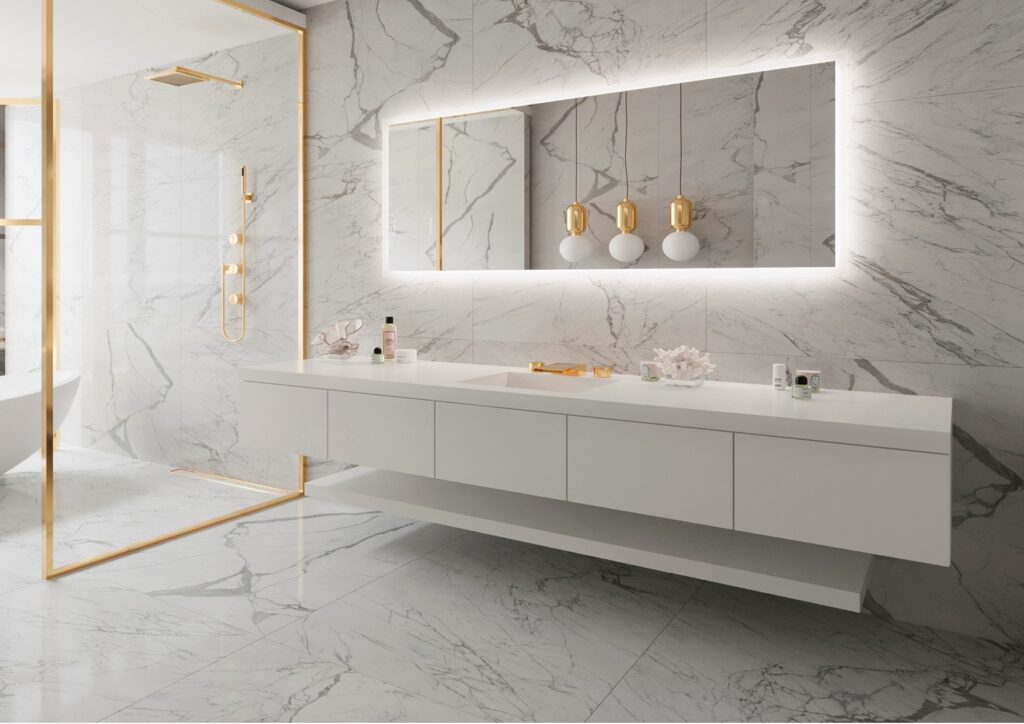 Floating vanity with LED backlit mirror and sleek basin in small Kingston bathroom renovation.