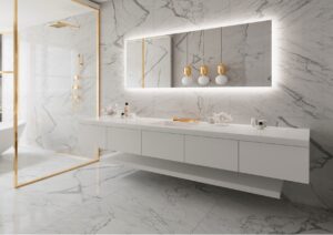 Floating vanity with LED backlit mirror and sleek basin in small Kingston bathroom renovation.